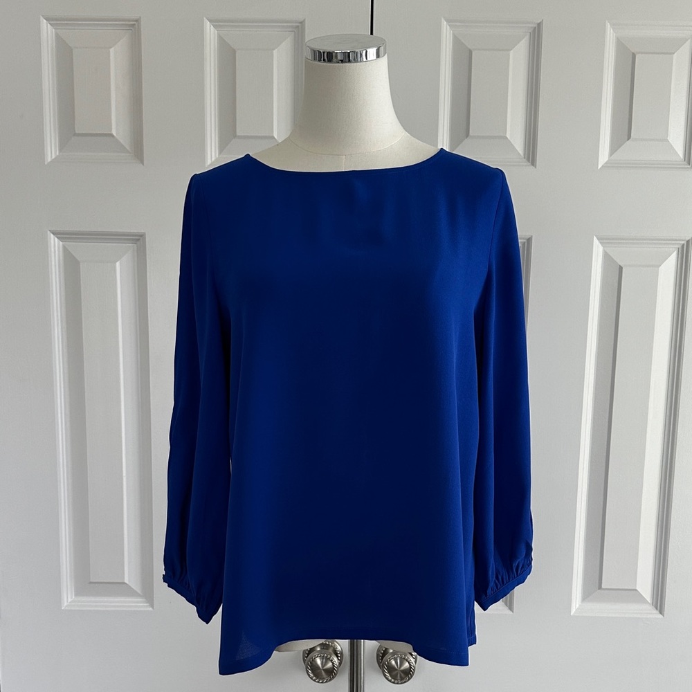 NWT Eileen Fisher Silk Georgette Blue Crepe Bateau Neck Office Blouse Size PS/PP